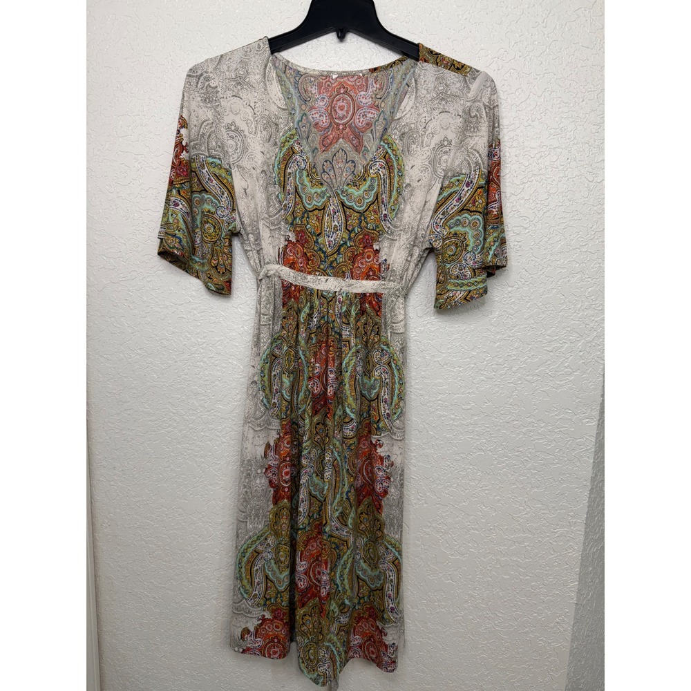 Womens Bohemian Paisley Print V-Neck Short Sleeve Tie Waist Knee Length Dress